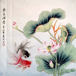 国画成品工笔画花鸟画四尺斗方荷花金鱼金玉满堂纯手绘真迹装饰画