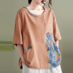 棉麻短袖t恤女2022夏季新款中年妈妈宽松麻料女装亚麻上衣旗舰店