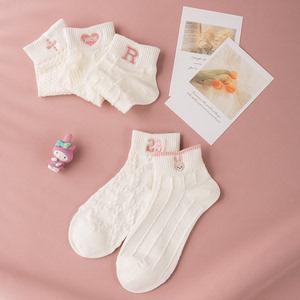 袜子女短袜夏季薄款全棉ins学院风可爱白色少女袜子粉色兔子刺绣