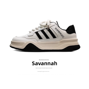 Savannah国潮复古三杠板鞋男女日系小众白色厚底增高面包鞋情侣运