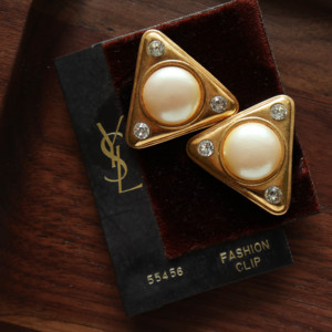vintage ysl 中古伊夫圣罗兰法式优雅独特三角圆珍珠古董耳钉
