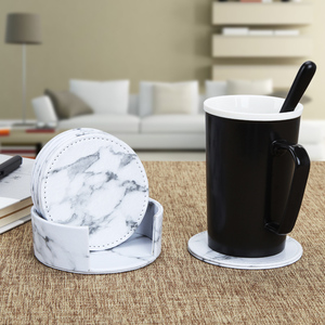 北欧轻奢大理石纹圆形杯垫套装创意桌面双面皮革咖啡杯防烫防滑垫