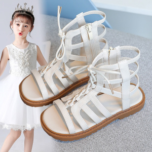 女童凉鞋2022年夏季新款时尚中大童儿童小女孩黑色软底真皮罗马鞋