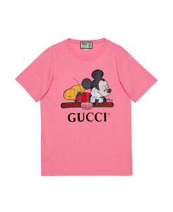 【巴欧】gucci x 迪士尼 古奇古驰 米奇logo印花粉色短袖t恤女士