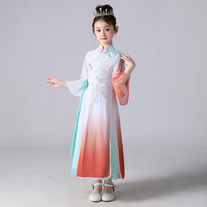 中国风女童古装汉服儿童古筝演出服小女孩走秀改良旗袍连衣裙夏季
