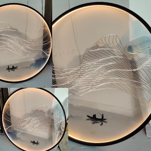 定制新中式双面机器刺绣透明纱布画屏风隔断专用画心软装设计礼品