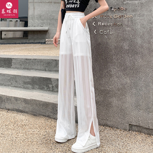 网纱裤子女裤夏季薄款雪纺阔腿裤高腰垂感冰丝白色裤子拖地直筒裤