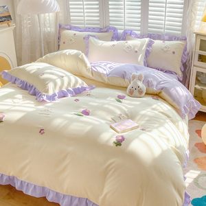 韩式全棉公主风床单四件套少女心床上用品毛巾绣纯色花边被套床笠
