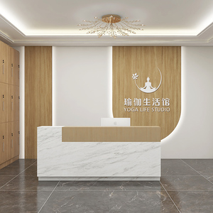 养生会所护墙板几何造型瑜伽馆背景墙板美容院前台形象墙木纹扣板