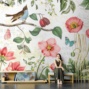 美式田园花鸟复古壁纸花卉墙布手绘艺术客厅沙发电视背景墙壁纸