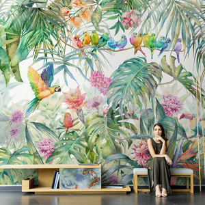 美式花鸟办公室壁纸东南亚热带雨林酒店餐厅墙纸植物卧室床头墙布