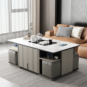 新款简约客厅实木岩板功夫茶几桌多功能一体遥控自动升降茶台带凳