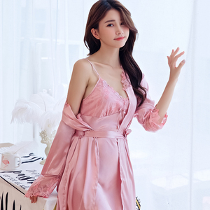 性感真冰丝绸吊带睡衣女春夏季纯欲风睡裙袍两件套宽松大码家居服