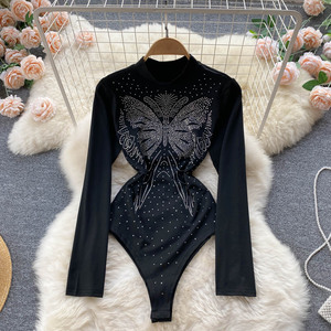 半高领黑色长袖t恤高叉弹力紧身丁字打底衫露漏腰欧美辣妹连体衣