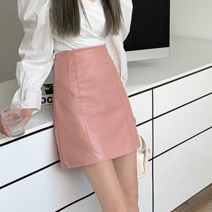 粉色皮裙半身裙女2021秋高腰a字包臀裙韩版时尚气质pu皮短裙