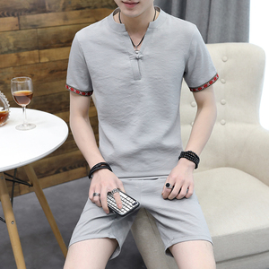 男士休闲套装男冰丝夏装透气凉快一身衣服青年短袖两件父亲节衣服