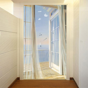 竖版3d立体延伸空间窗户玄关走廊过道背景墙壁纸海景油画墙布墙纸