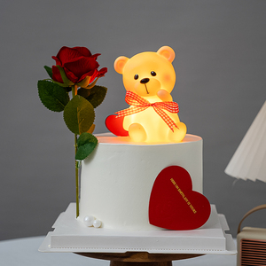 情人节烘焙蛋糕装饰带灯歪头熊摆件仿真花绒布玫瑰 爱心卡片装扮