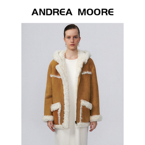 Andrea Moore冬季美利奴羊皮毛一体外套女连帽中长款绒面加厚皮草