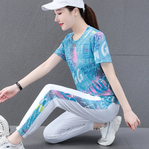 冰丝名牌运动服女夏短袖休闲套装新款时尚减龄大码速干两件套薄款