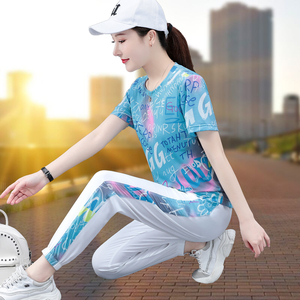 冰丝名牌运动服女夏短袖休闲套装新款时尚减龄大码速干两件套薄款