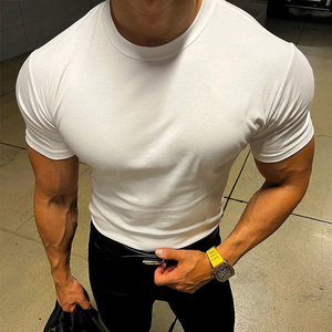 夏季修身弹力纯棉短袖t恤肌肉男健身紧身衣圆领纯色半袖训练运动