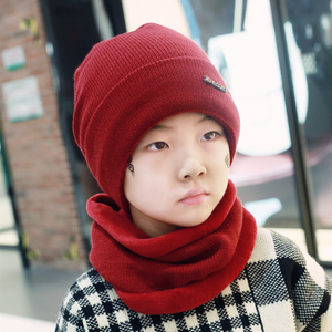 男孩冬天中大童毛线帽护耳帽滑雪帽包头帽小中学生加绒围脖一套