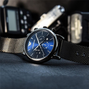 armani阿玛尼手表 ar1979编织钢带蓝色妖姬三眼石英男表ar1968