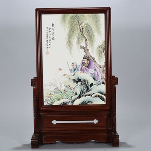 民国珠山八友王大凡粉彩曦之爱鹅人物纹瓷板画插屏 古玩古董瓷器