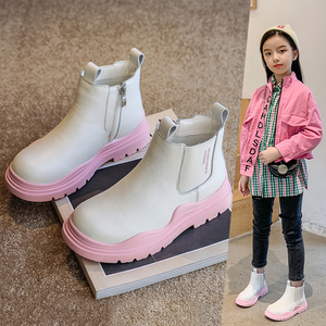 女童靴子2021秋冬季新款真皮儿童马丁靴大童烟囱短靴白色加绒二棉