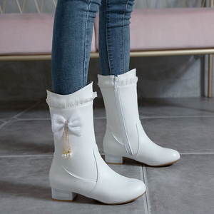 00茗琦品牌店淘宝女童靴子2021秋冬新款加绒棉靴白色公主皮靴中大