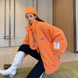 高领橘色羊羔毛外套卫衣女拉链立领宽松颗粒绒开衫2020年新款秋冬