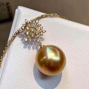 正圆强光浓金色天然海水南洋金珠吊坠 正品18k金雪花款珍珠项链