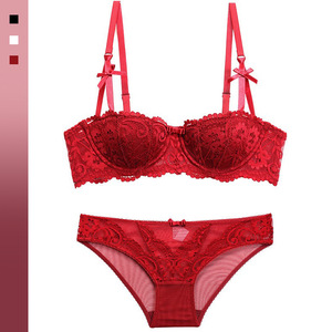 红色内衣套装2022新款欧美性感1/2半杯宫廷藤蔓提花蕾丝文胸套装