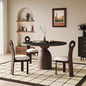 复古胡桃木色实木圆桌家用小户型中古风黑色岩板带转盘圆形餐桌椅