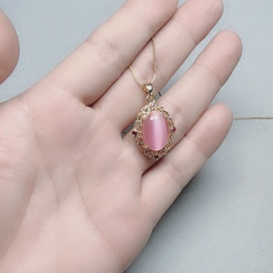 拍卖天然冰种猫眼蛋面吊坠925银镶嵌粉色猫眼石挂坠锁骨链饰品