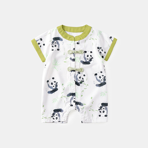 夏款婴幼儿超萌洋气宝宝国风盘扣熊猫半袖哈衣男童薄款短袖连体衣
