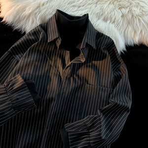 黑色条纹假两件衬衫高级感拼接内搭半高领卫衣外套设计感打底衫