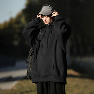 纯黑色加绒卫衣男冬款连帽棒球服内搭打底衫美式重磅oversize外套