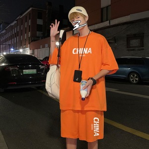 橘色学院风网红炸街套装男休闲运动两件套短袖短裤痞帅男装一套夏