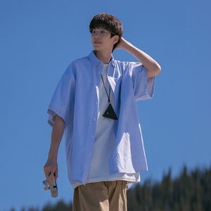 日系cityboy蓝白条纹衬衫短袖男夏季ins潮牌少年感美式学院风衬衣