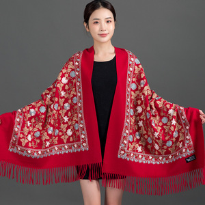 中国红色刺绣仿羊毛羊绒围巾女秋冬旗袍空调披肩夏外搭多用妈妈款