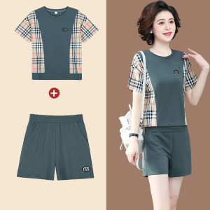 50岁妈妈短裤t恤两件套洋气中老年女夏装套装大码中年人短袖上衣