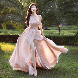 甜美温柔风抹胸雪纺开叉长裙22夏新款优雅浪漫礼服纱裙仙女连衣裙