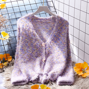 紫色仿貂绒毛衣外套女短款宽松外穿2021新款秋季韩版针织衫开衫