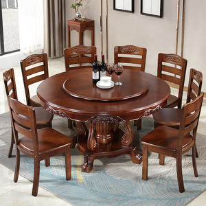 实木餐桌椅组合圆形餐桌带转盘10人大圆桌雕花吃饭桌子新中式歺桌
