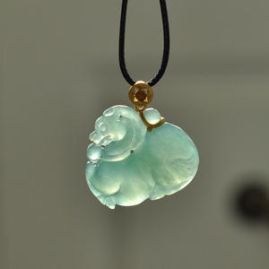 hk26天然a货翡翠18k真金镶嵌设计款老坑冰种蓝绿唐马坠挂件玉坠