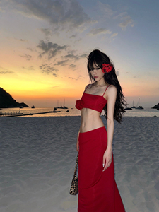 0122stepll圣莫妮卡海滩短款无袖红花吊带上衣性感包臀半裙套装女