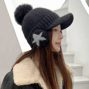 冬季帽子女带耳包白色厚初高中生护耳神器帽檐棒球帽针织棉帽毛球