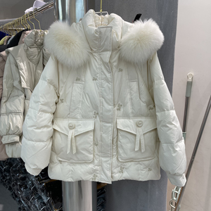 55236h连帽大毛领钉珠羽绒服女装冬韩版宽松小个子外套mrf美人坊